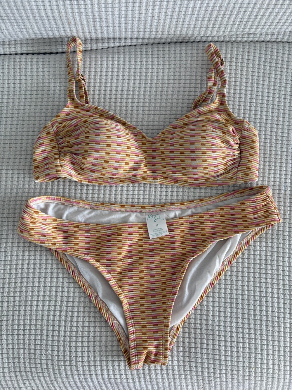 Kona Sol Pink, Yellow & Brown Striped Bikini Top